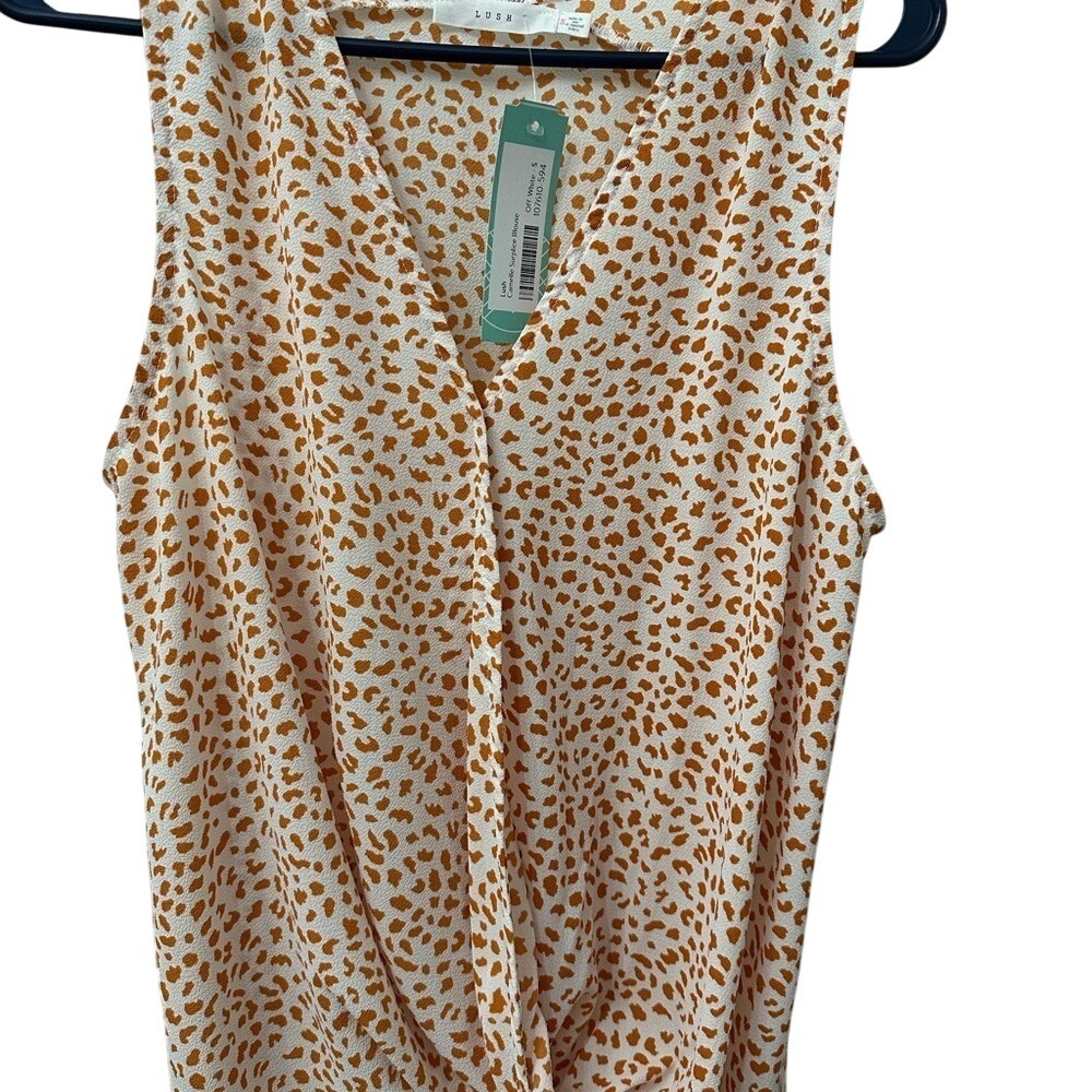 Lush Camelle Surplice Blouse Small Off White Orange Leopard Print Sleeveless New